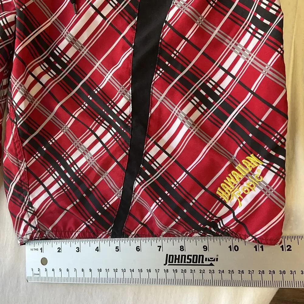 Hawaiian Tropic Men Shorts 36 Red Hawaiian Tropic Embroidery Swimwear Plaid 11”